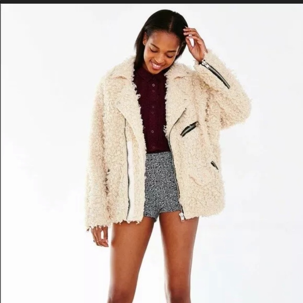 SOLD LOWERED Unif X UO furry Moto jacket ivory - Picture 1 of 5